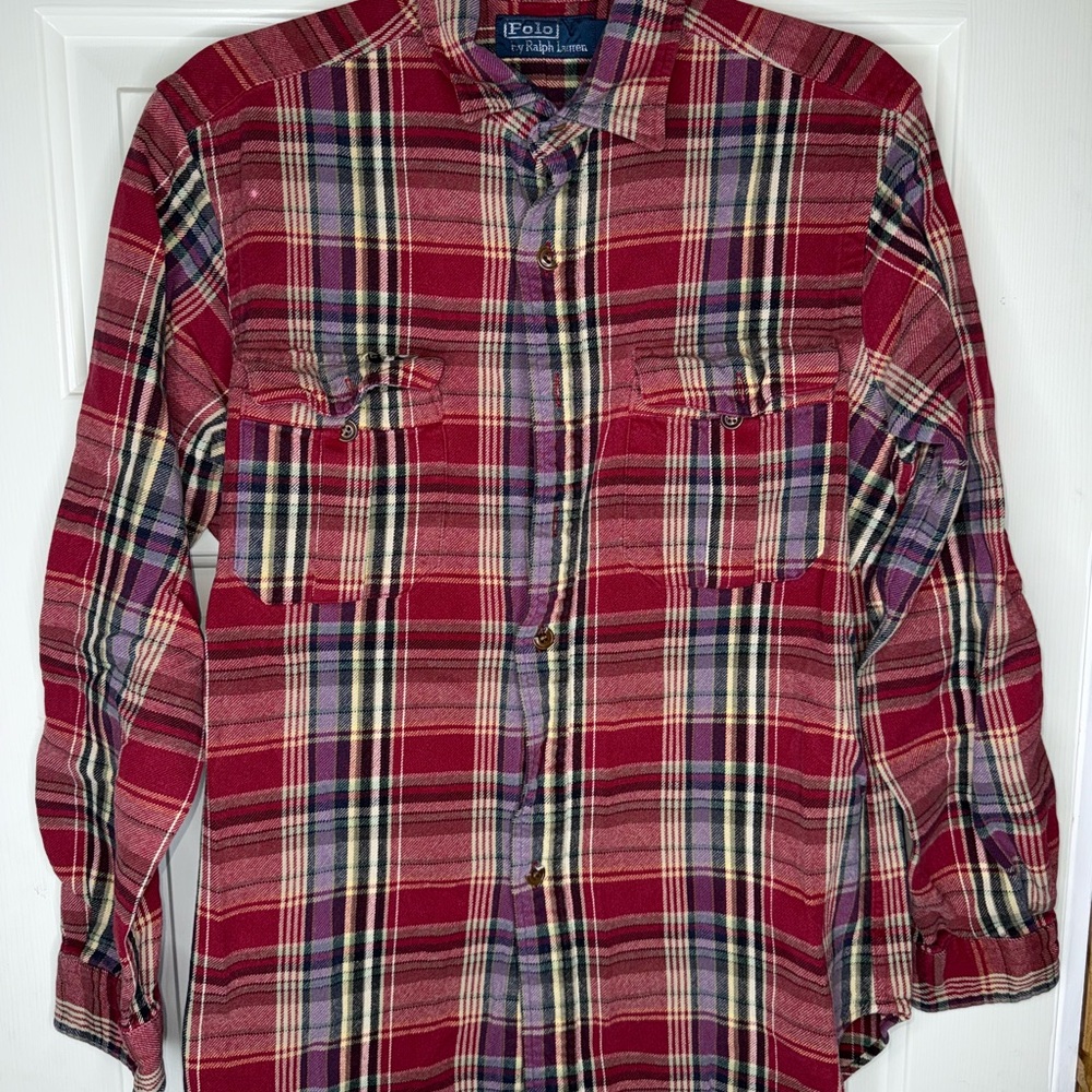 Polo Ralph Lauren Men's Vintage Flannel Shirt Plaid, Medium, 90s Elbow Patch
